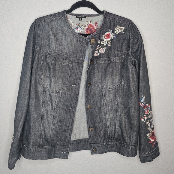 Hannah Denim Jacket Womens Small Floral Embroidery Western Y2K Boho Trucker Coat - Picture 1 of 9